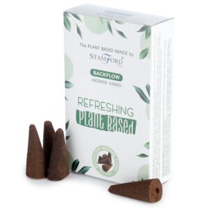 Refreshing plant-based backflow incense cones in a decorative packaging.
