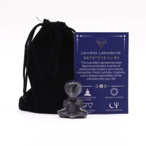 Larvikite Labradorite gemstone alien figurine with cosmic design.