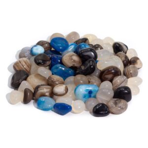 Vibrant mix of tumbled agate stones in earthy and oceanic tones.