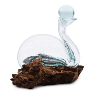 Unique molten glass duck decanter with wood base and glass stopper.