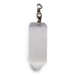 Elegant selenite obelisk pendant showcasing its unique shape and natural beauty.