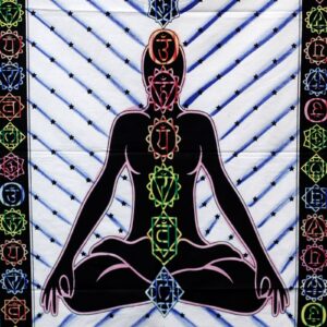 Handbrushed cotton wall art featuring a vibrant Chakra Buddha design.