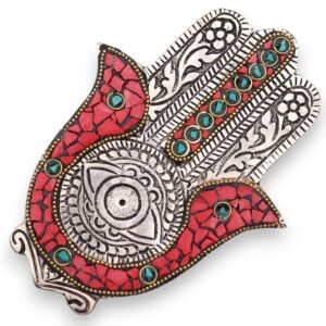 Small red and green Hamsa incense holder for smaller incense sticks.