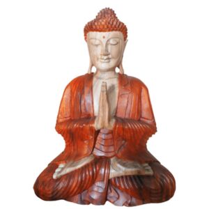 Hand carved Buddha statue made from Suar wood, showcasing intricate details.