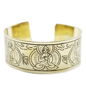 Brass Tibetan bracelet featuring five Buddha designs for mindful living.