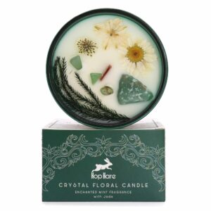 Hop Hare Crystal Magic Flower Candle featuring Jade gemstone and dry flowers.