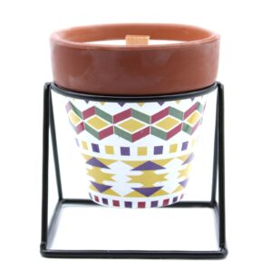Geranium Herb Garden Candle in a rustic terracotta pot with a wooden wick.