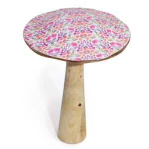 Large wooden mushroom ornament with a delicate floral pattern in soft colours.
