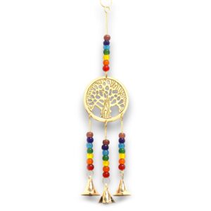 Brass Tree of Life chime with chakra beads and three bells for home decor