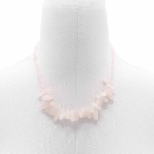 Elegant Longstone Gem Necklace featuring slender Rose Quartz gemstones in pink hues.