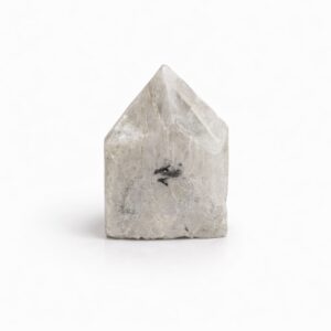 Polished Rainbow Moonstone points showcasing soft milky tones and dark inclusions.
