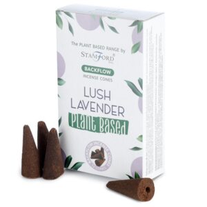 Backflow incense cones in lush lavender scent for a calming atmosphere.