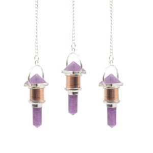 Copper pendulum featuring rich amethyst with a pyramid top and pointed end.