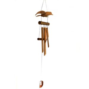 Handmade blackbird wind chimes crafted from coconut for garden decor.