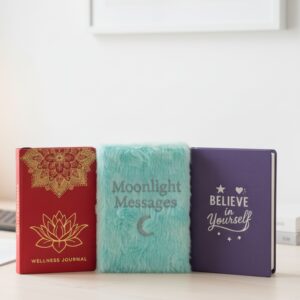 Plush Moonlight Messages journal with a soft cover and crescent moon design.