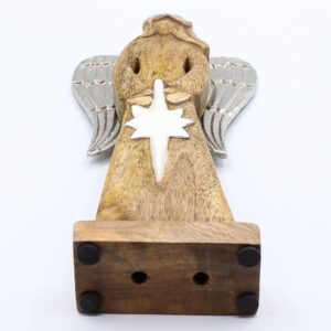 Hand-carved mango wood angel with metal wings and enamel star detail.