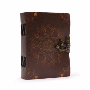 Leather notebook with a lotus mandala design and deckle-edge pages.