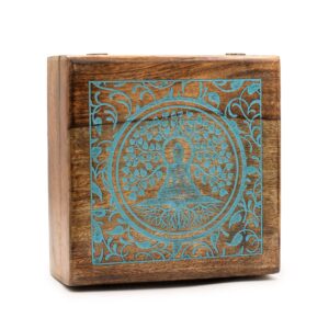 Hand-carved mango wood box featuring Buddha under the Bodhi Tree design.
