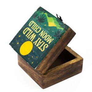 Small enamelled box with 'Stay Wild Moon Child' design for thoughtful gifting.