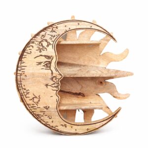 Three-tier wall shelf featuring a sun and moon design with intricate carvings.