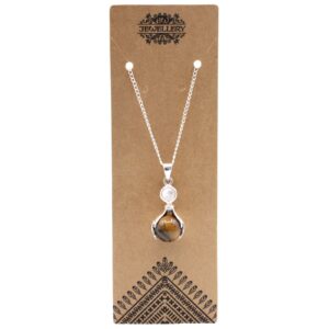 Tiger Eye gemstone pendant with intricate healing hands design.