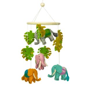 Handmade felt mobile featuring a charming elephant design for children's rooms.