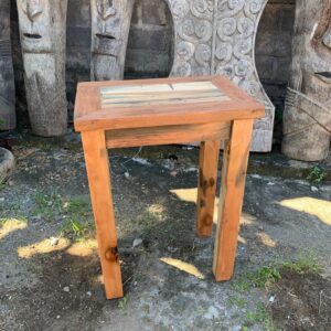 Handmade tall display stand crafted from upcycled teak wood in rustic finish.