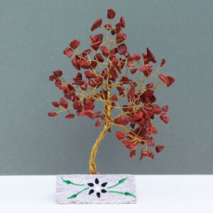 Handmade Red Jasper gemstone tree mounted on a rock base for home decor.