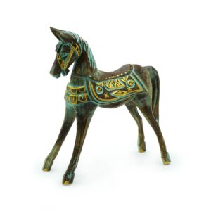 Handcrafted gold and turquoise decorative horse sculpture from albasia wood.
