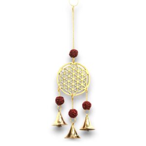 Brass Flower of Life chime with Rudraksha beads and three bells.
