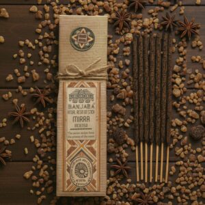 Resin incense sticks of Myrrh in a decorative pack, perfect for creating a calming atmosphere.