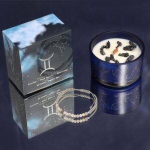 Gemini Zodiac Crystal Candle with a gemstone bracelet featuring citrine, rose quartz, and moonstone.
