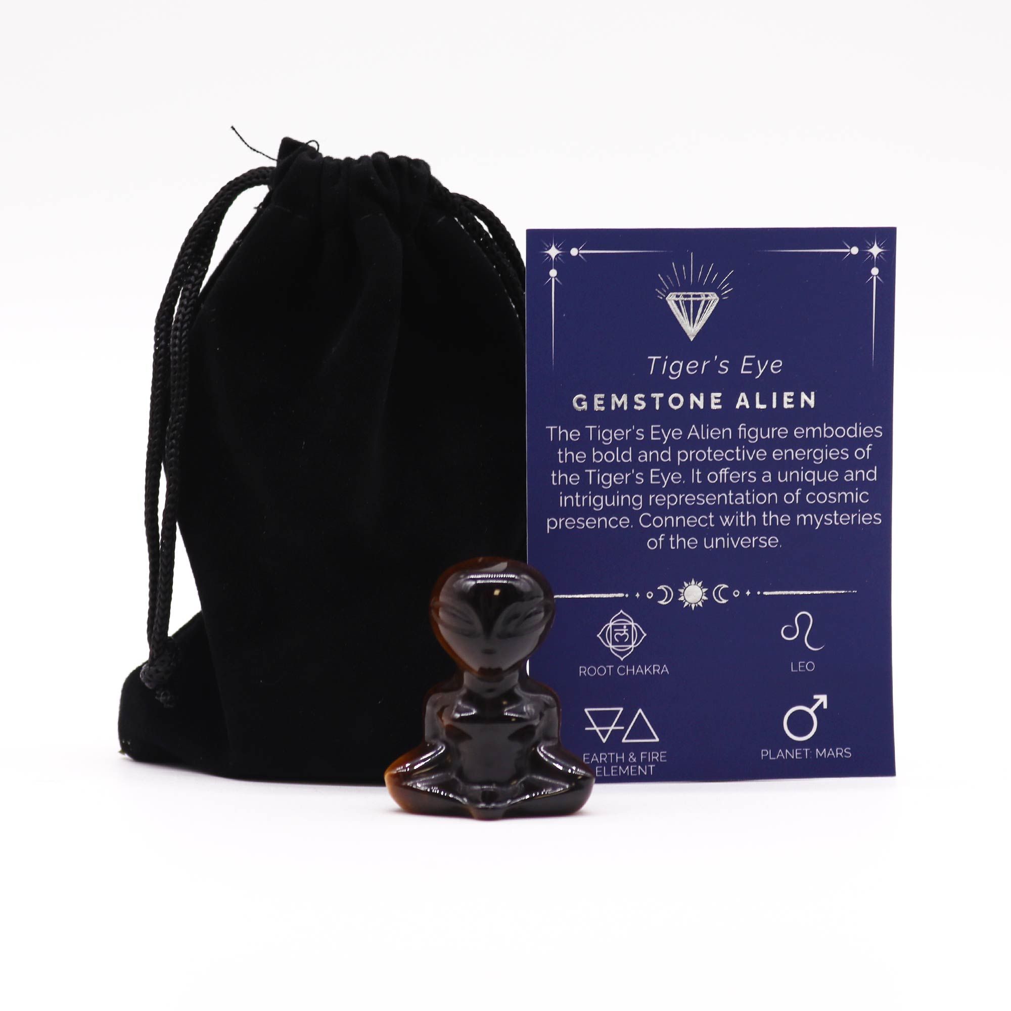 Tiger Eye gemstone alien figure, showcasing unique cosmic design.