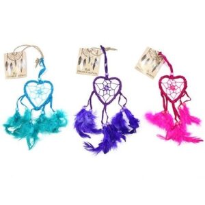 Handcrafted small heart dream catcher in turquoise, pink, and purple with feathers.