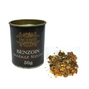 50g tub of Benzoin Resin for incense burning with a smoky fragrance.