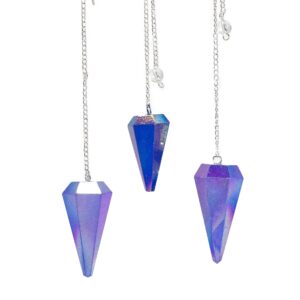 Aurora crystal blue pendulum with a cosmic glow and shimmering quartz point.