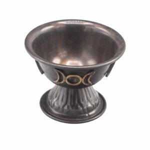 Antique copper ritual chalice featuring the Triple Moon symbol, 10x8 cm.