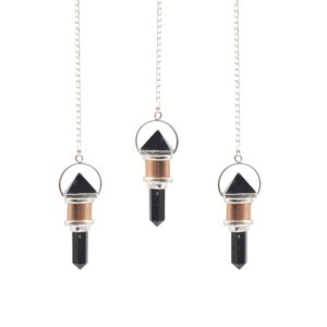 Copper pendulum with black obsidian and pyramid top design.