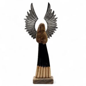 Hand-carved guardian angel with metal wings and black enamel robe.