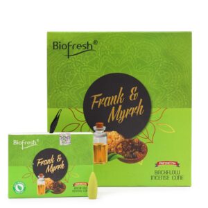 Backflow incense cones with a rich Frankincense and Myrrh scent for calming spaces.