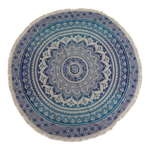 Classic blue mandala roundie with white detailing for home decor.