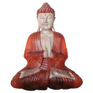 Hand carved Buddha statue made from Suar wood, showcasing intricate details.