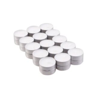 Pack of 30 unscented tealight candles for a calming ambiance.