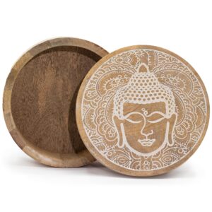 Whitewashed big round box featuring a serene Buddha face design.