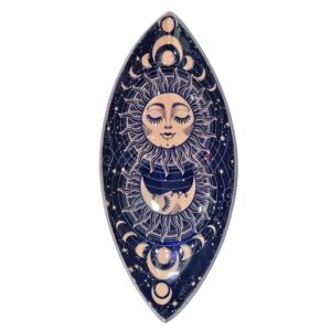 Pink enamel incense bowl featuring sun and moon designs with cosmic details.