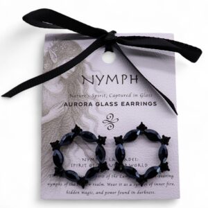 Elegant jet black vintage glass loop earrings with stainless steel accents.