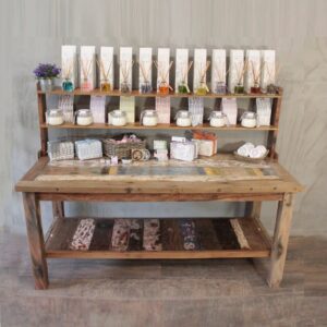 Hand-made display table crafted from upcycled teak wood with rustic finish.
