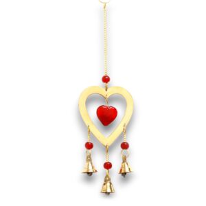 Brass chimes with ruby glass heart beads and three melodic bells.
