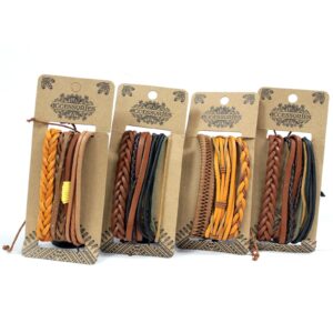 Stylish men's bracelet set featuring leather and metal charms in various designs.