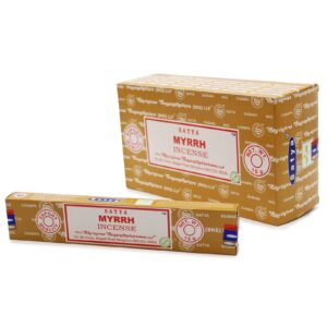 Hand-rolled Satya Incense Sticks in Myrrh fragrance, perfect for creating a calming atmosphere.